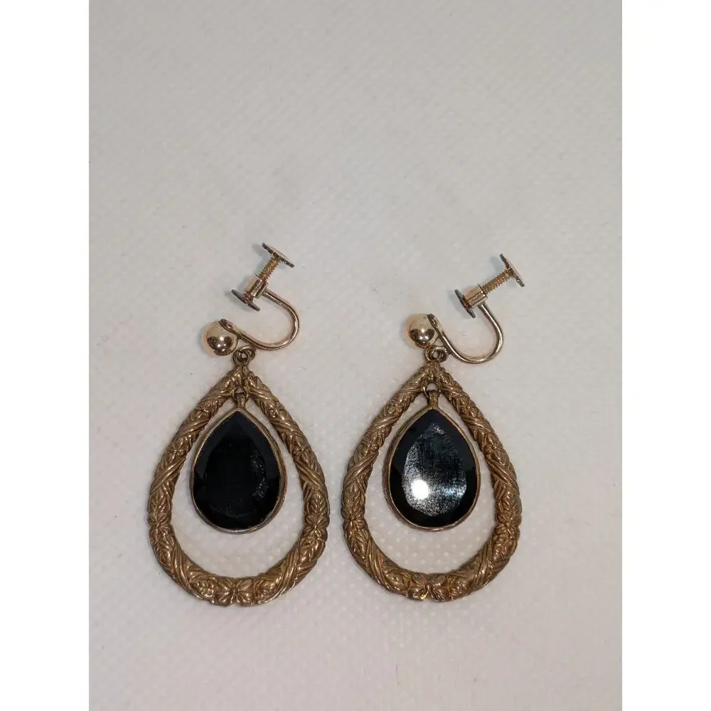 Stephen Dweck Black Onyx Etched Bronze Gold Teardrop Dangle Clip GF Earrings - Picture 6 of 7